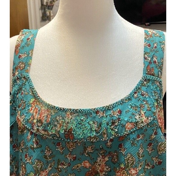 LANE BRYANT Size 24W Teal Pink Floral Tiered BOHO Tank Top Blouse Beaded Fairy - Picture 2 of 13